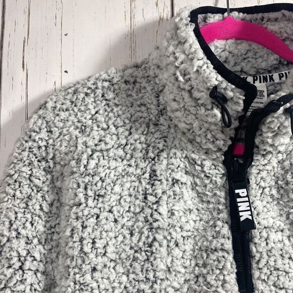 Victorias Secret PINK Sherpa Quarter-Zip Pullover Light Gray Fleece Sweatshirt - Picture 2 of 16